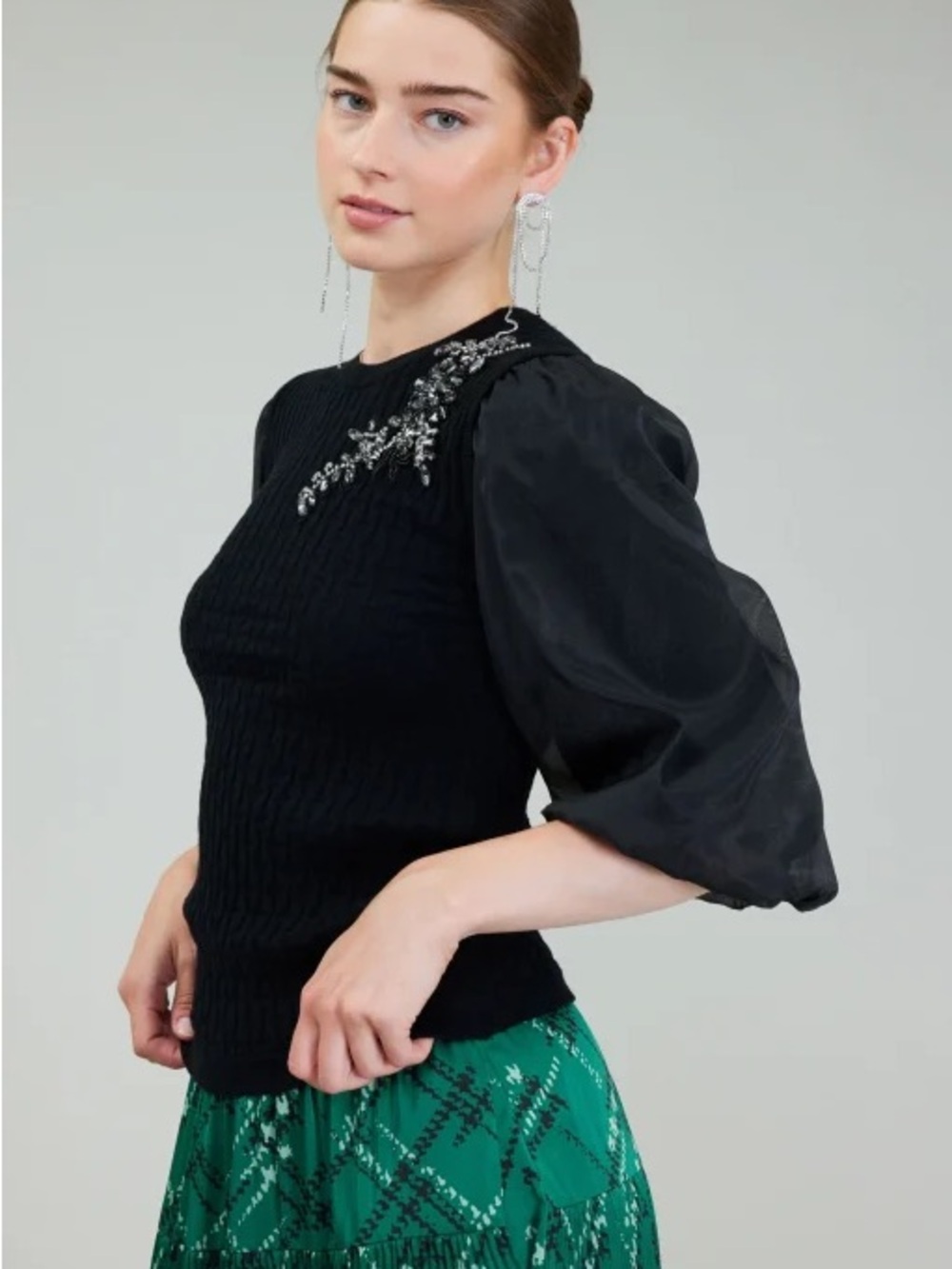 Current Air Black Puff-Sleeve Knit Top with Shoulder Embellishment